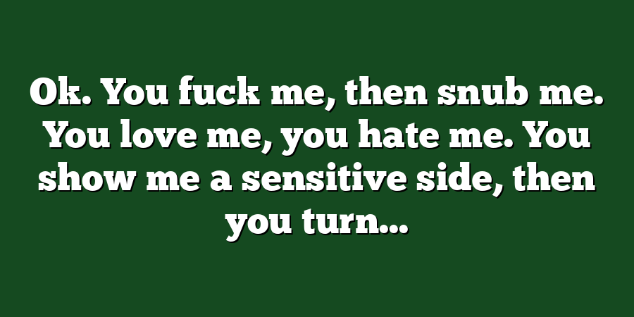 Ok. You fuck me, then snub me. You love me, you hate me. You show me a sensitive side, then you turn...